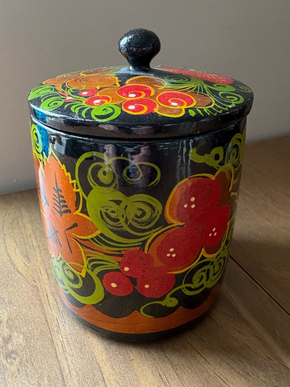 Vintage Khokhloma Jar Russian Folk Art Wooden Painted Cannister Strawberry 3.5”
